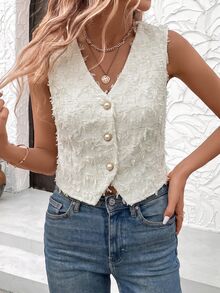Easowa Solid Button Front Sleeveless Blouse - Apricot - View 8