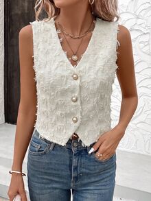 Easowa Solid Button Front Sleeveless Blouse - Apricot - View 7