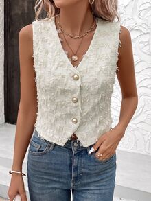 Easowa Solid Button Front Sleeveless Blouse - Apricot - View 5