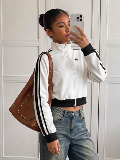 Chaqueta corta para adolescentes, estilo INS, versátil, casual, para uso diario, calle, escuela y desplazamientos, primavera/otoño, deportiva, fitness, danza, cuello alto, manga raglán, bloques de color y patchwork