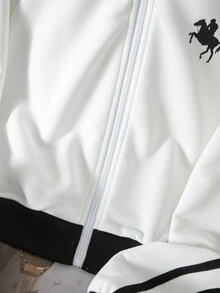 青少年女孩秋冬春季休閒日常街頭校園通勤 INS 風格百搭運動健身舞蹈立領插肩袖配色上衣 - 米色 - 查看 5
