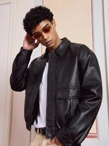 SWAVVY 男士休閒百搭皮革夾克外套，適合秋季穿著 - 黑色 - 查看 10