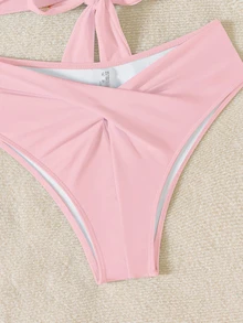 SHEIN Swim 女士夏季沙滩纯色交叉挂脖系带性感比基尼泳装套装，无钢圈 - 粉色 - 查看 7