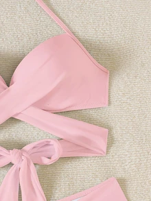 SHEIN Swim 女士夏季沙滩纯色交叉挂脖系带性感比基尼泳装套装，无钢圈 - 粉色 - 查看 6