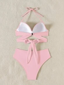 SHEIN Swim 女士夏季沙滩纯色交叉挂脖系带性感比基尼泳装套装，无钢圈 - 粉色 - 查看 3