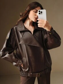 Anewsta Women's Retro Oversized Lychee Grain PU Leather Jacket - Brown - View 6