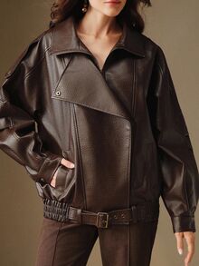 Anewsta Women's Retro Oversized Lychee Grain PU Leather Jacket - Brown - View 4