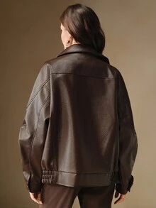 Anewsta Women's Retro Oversized Lychee Grain PU Leather Jacket - Brown - View 7