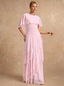 Lumalex Fall Winter Soft Flowy Mesh Multi-Layer Asymmetrical Ruffle Waist-Cinching Shawl Long Dress For Women Dawn-To-Gala Elegant Poised Let Your Beauty Shin - Pink - View 9