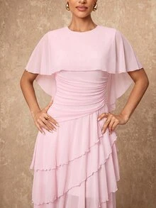 Lumalex Fall Winter Soft Flowy Mesh Multi-Layer Asymmetrical Ruffle Waist-Cinching Shawl Long Dress For Women Dawn-To-Gala Elegant Poised Let Your Beauty Shin - Pink - View 5