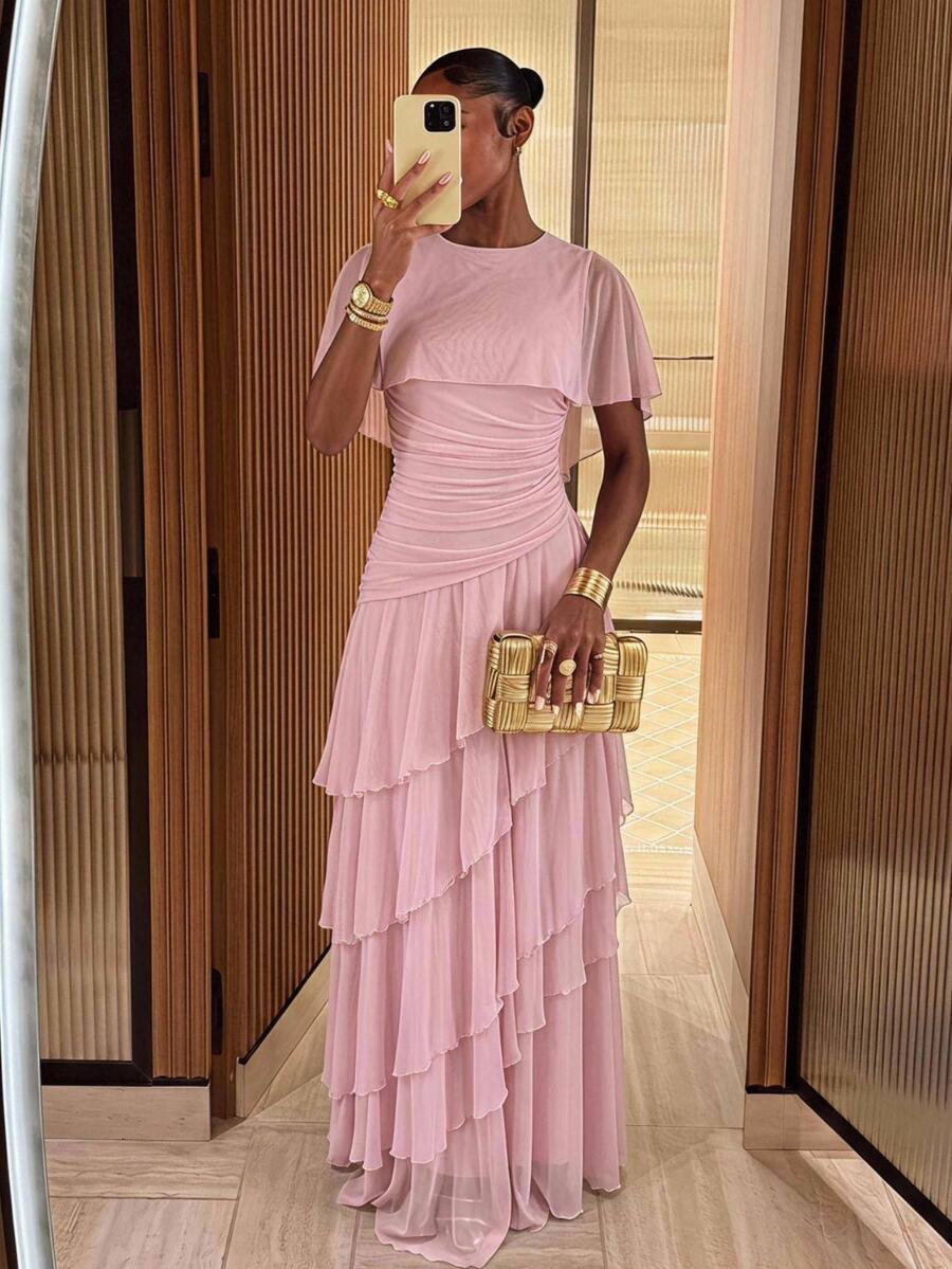 Lumalex Fall Winter Soft Flowy Mesh Multi-Layer Asymmetrical Ruffle Waist-Cinching Shawl Long Dress For Women Dawn-To-Gala Elegant Poised Let Your Beauty Shin
