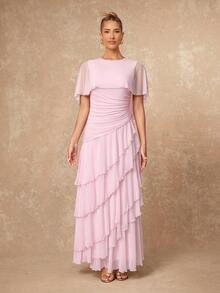 Lumalex Fall Winter Soft Flowy Mesh Multi-Layer Asymmetrical Ruffle Waist-Cinching Shawl Long Dress For Women Dawn-To-Gala Elegant Poised Let Your Beauty Shin - Pink - View 8