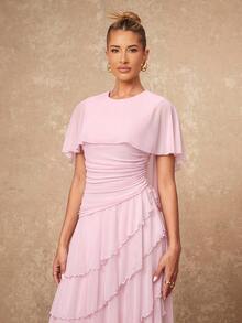 Lumalex Fall Winter Soft Flowy Mesh Multi-Layer Asymmetrical Ruffle Waist-Cinching Shawl Long Dress For Women Dawn-To-Gala Elegant Poised Let Your Beauty Shin - Pink - View 6