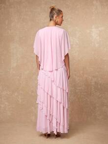 Lumalex Fall Winter Soft Flowy Mesh Multi-Layer Asymmetrical Ruffle Waist-Cinching Shawl Long Dress For Women Dawn-To-Gala Elegant Poised Let Your Beauty Shin - Pink - View 4