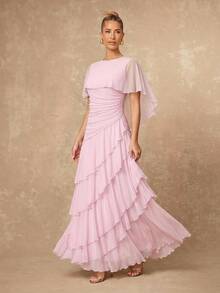 Lumalex Fall Winter Soft Flowy Mesh Multi-Layer Asymmetrical Ruffle Waist-Cinching Shawl Long Dress For Women Dawn-To-Gala Elegant Poised Let Your Beauty Shin - Pink - View 3