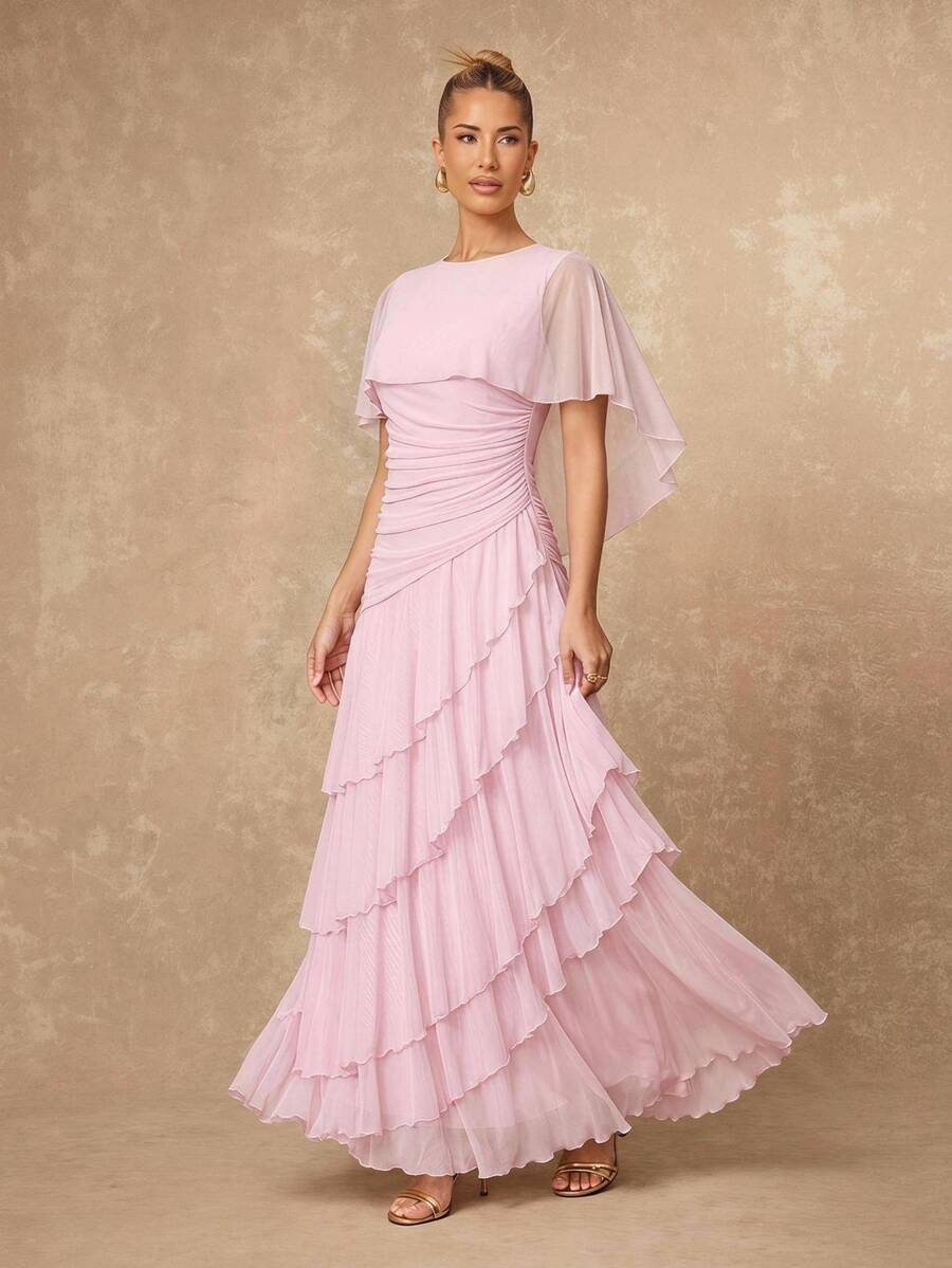 Lumalex Fall Winter Soft Flowy Mesh Multi-Layer Asymmetrical Ruffle Waist-Cinching Shawl Long Dress For Women Dawn-To-Gala Elegant Poised Let Your Beauty Shin