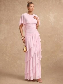 Lumalex Fall Winter Soft Flowy Mesh Multi-Layer Asymmetrical Ruffle Waist-Cinching Shawl Long Dress For Women Dawn-To-Gala Elegant Poised Let Your Beauty Shin - Pink - View 11