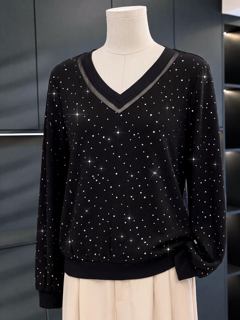 Luxury Elegant Sparkly Sequin, Sweatshirt Top, Mesh Knit Black, V-Neck Casual Fit, Party Night Out, Festival Christmas, Fall Winter Clothes