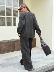 Muchica Plus-Size Women's 3D Embossed Letter Long-Sleeved Sweatshirt And Pants Casual Sportswear Two Pieces Set, Featuring A Snowflake Wash Process. Fall - Black - View 3
