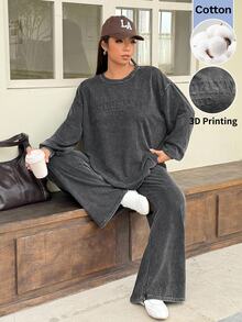 Muchica Plus-Size Women's 3D Embossed Letter Long-Sleeved Sweatshirt And Pants Casual Sportswear Two Pieces Set, Featuring A Snowflake Wash Process. Fall - Black - View 2
