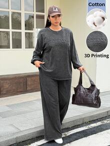 Muchica Plus-Size Women's 3D Embossed Letter Long-Sleeved Sweatshirt And Pants Casual Sportswear Two Pieces Set, Featuring A Snowflake Wash Process. Fall - Black - View 6