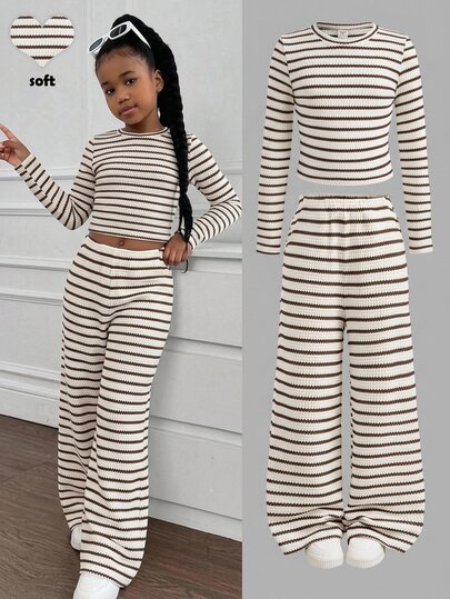 Tween Girls Tween Girl Black & White Striped Long Sleeve Top & Pants 2-Piece Set, Casual Daily Fashion Versatile Outfit For Sisters, Back To School, Autumn/Winter New Style