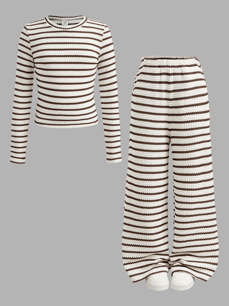 Conjunto de 2 piezas de top de manga larga y pantalones a rayas negras & blancas para niñas preadolescentes, atuendo versátil de moda casual diaria para hermanas, regreso a la escuela, nuevo estilo de otoño/invierno - Albaricoque - Añade 5