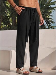 Mainfolk Men's Casual Versatile Solid Color Long Pants With Belt - Black - View 2