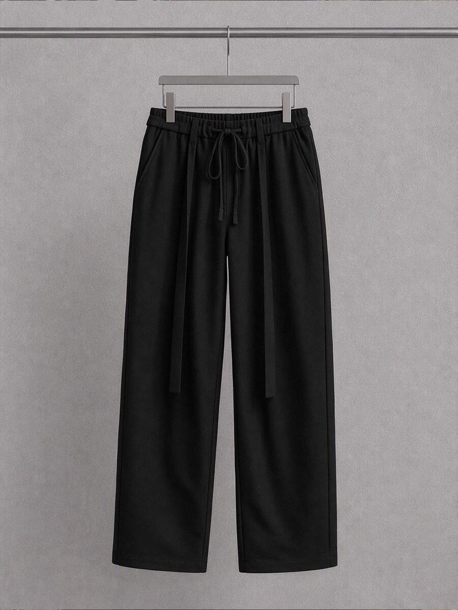 Mainfolk Men's Casual Versatile Solid Color Long Pants With Belt - Black - View 1
