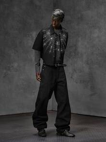 NEON BLANC Men's Rhinestone Printed Short Sleeve Casual Denim Shirt - Black - View 3