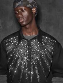 NEON BLANC Men's Rhinestone Printed Short Sleeve Casual Denim Shirt - Black - View 6