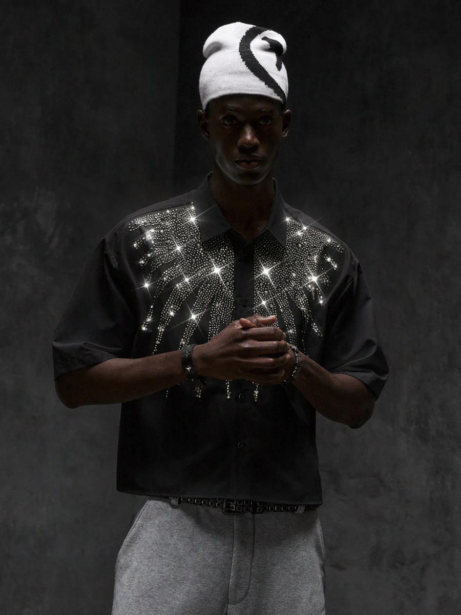 NEON BLANC Men's Rhinestone Printed Short Sleeve Casual Denim Shirt - Black - View 1