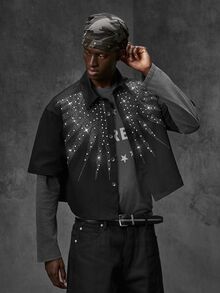 NEON BLANC Men's Rhinestone Printed Short Sleeve Casual Denim Shirt - Black - View 4