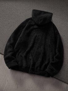 Manfinity RebelGame 男士休閒街頭風百搭純色連帽衛衣，秋冬登山海灘穿搭，黑色復古 Y2K 寬鬆街頭風，適合度假 - 黑色 - 查看 2