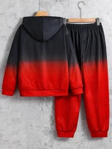 SHEIN 2件組兒童青少年男孩休閒日常百搭舒適漸層紮染字母印花連帽寬鬆長袖衛衣與寬鬆慢跑褲針織運動套裝，適合日常穿著、上學、旅行、運動，秋冬款 - 紅色 - 查看 5