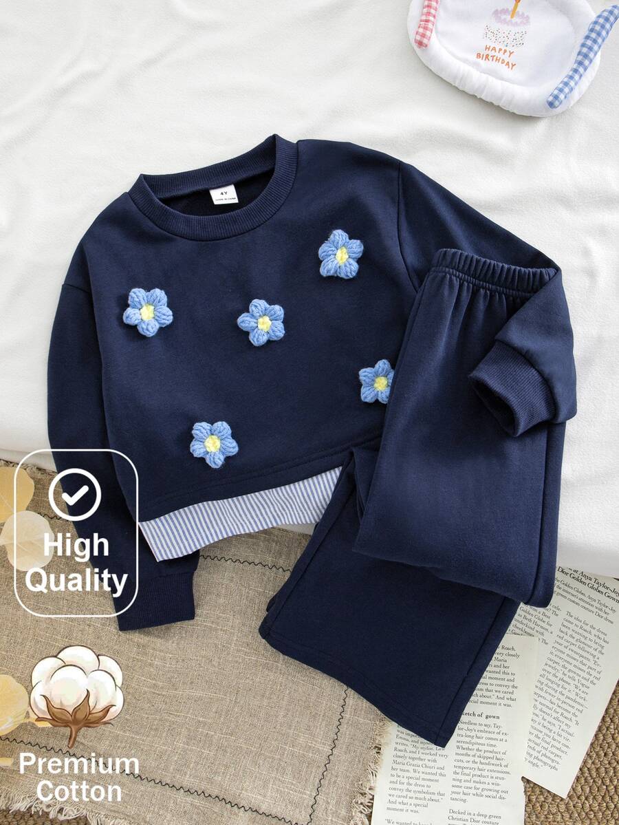 Elladie kids 女童拼接條紋花卉T恤套裝，嬰兒，可愛，學院風，寬鬆，棉質，秋季，返校，7歲生日，幼兒園，戶外，運動 - 藍色 - 查看 1