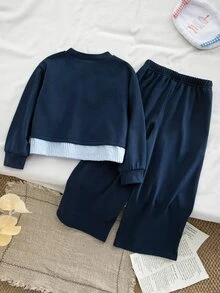 Elladie kids 女童拼接條紋花卉T恤套裝，嬰兒，可愛，學院風，寬鬆，棉質，秋季，返校，7歲生日，幼兒園，戶外，運動 - 藍色 - 查看 2