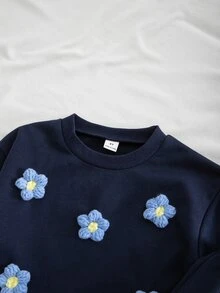 Elladie kids 女童拼接條紋花卉T恤套裝，嬰兒，可愛，學院風，寬鬆，棉質，秋季，返校，7歲生日，幼兒園，戶外，運動 - 藍色 - 查看 5