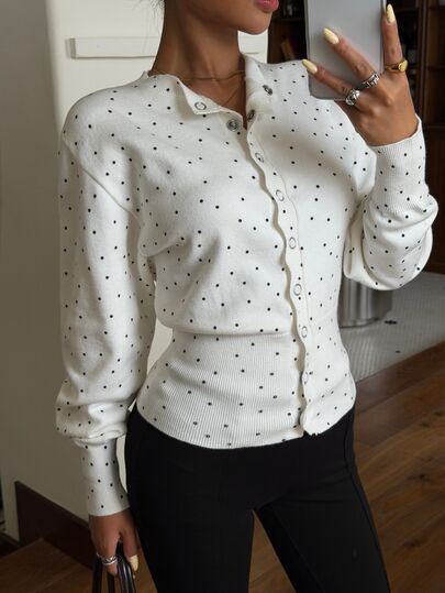Muchica Women's Polka Dot Casual Versatile Daily Long Sleeve Cardigan New Year Back To School Christmas Autumn Outfit For Women Festival Outfits White