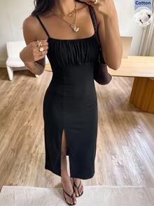 SHEIN EZwear 黑色開衩修身女款細肩帶洋裝，適合日間派對、外出、酒吧、夏季性感夜店穿著 - 黑色 - 查看 7