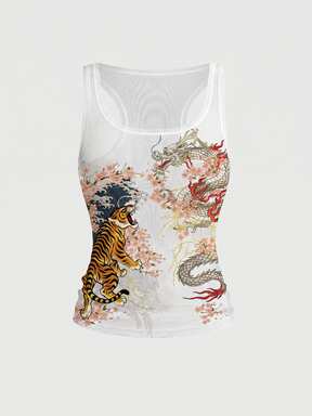 ROMWE Avant Dunkles Hot Girl Neues chinesisches Stil sexy transparentes Mesh Tanktop für Frauen