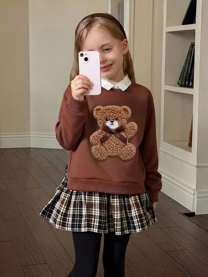 SHEIN LMoss Kids Young Girl Young Girls 2In1 Cute Bear Print Plaid Pleated Hem Sweatshirt Dress, Vintage , Back-To-School, Career Day, Winter Autumn Outfits Colleage