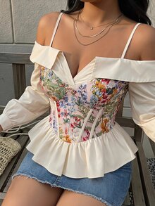 SHEIN MOD 大尺碼女款露肩印花抹胸上衣，長袖荷葉邊下擺，優雅浪漫，適合派對、下午茶、開學季、度假、秋季 - 彩色 - 查看 1