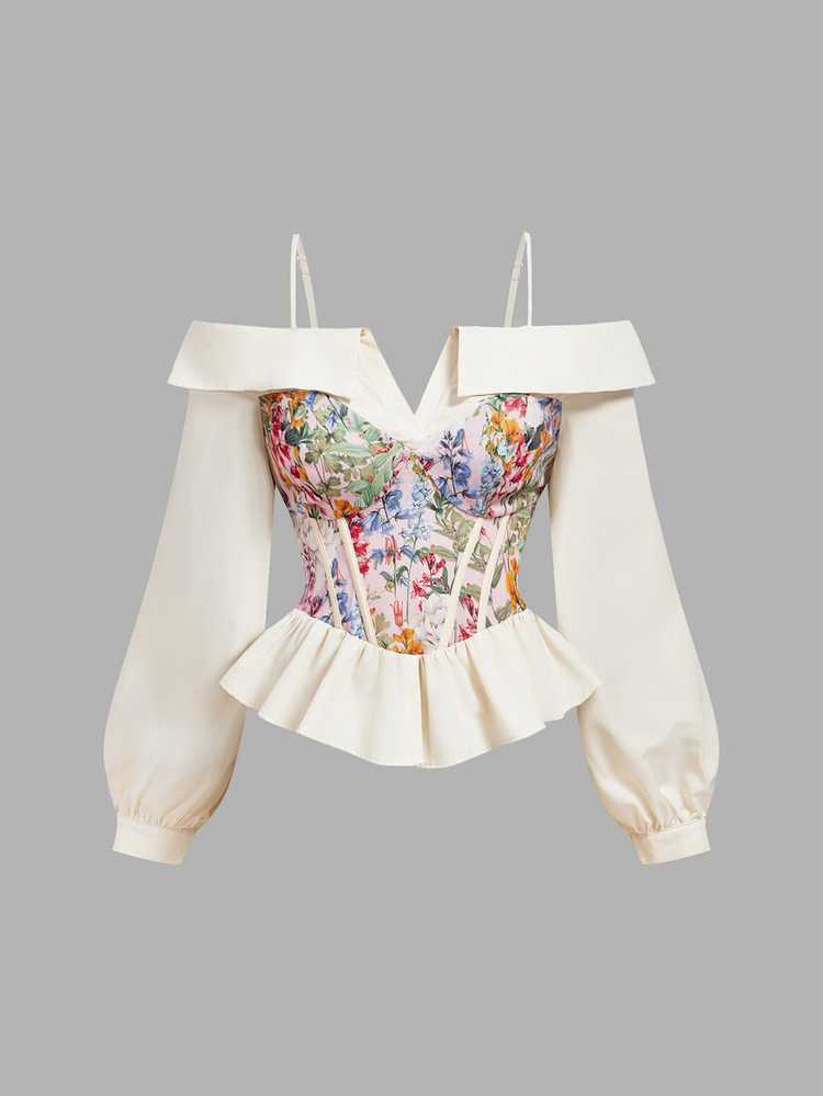 SHEIN MOD Atasan Bandeau Wanita Ukuran Besar dengan Motif Bahu Terbuka, Lengan Panjang dengan Hem Berkerut, Elegan, Romantis, Pesta, Minum Teh Sore, Kembali ke Sekolah, Liburan, Musim Gugur - MultiWarna - View 2