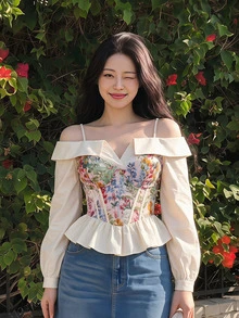 SHEIN MOD 大尺碼女款露肩印花抹胸上衣，長袖荷葉邊下擺，優雅浪漫，適合派對、下午茶、開學季、度假、秋季 - 彩色 - 查看 8