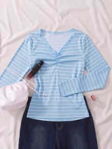 Sparklyn 青少年女孩時尚休閒優雅可愛街頭風混色條紋蕾絲飾邊長袖T恤 秋季 - 藍色 - 查看 2