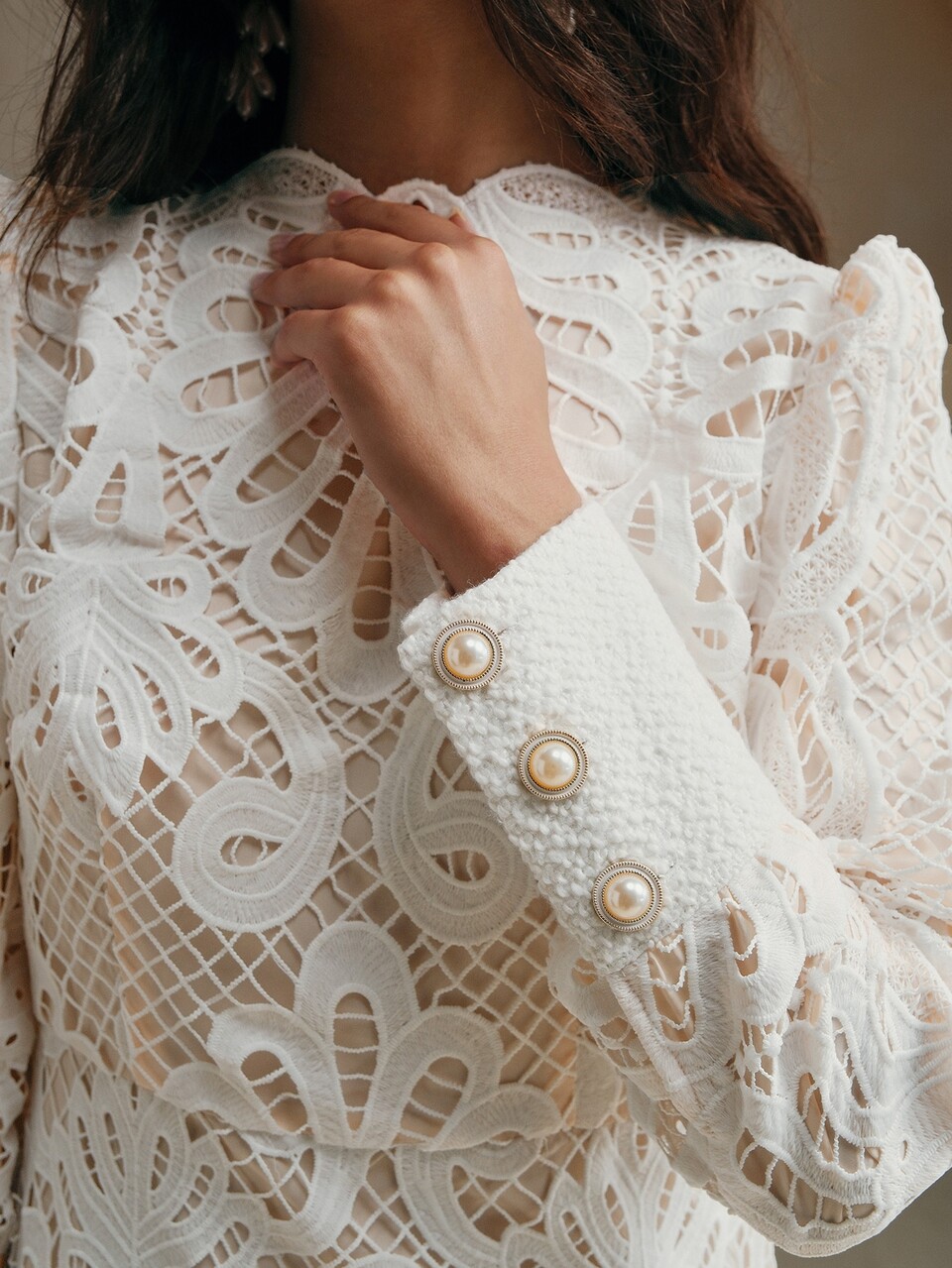 Anewsta Women's Elegant Off-White Lace Contrast Mini Dress,Summer Christening Zipper Long Sleeve Stand Collar Regular Fit Professional Workwear Mini Dresses