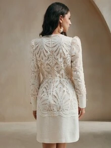 Anewsta 女士春秋优雅纯色蕾丝撞色迷你连衣裙，女士优雅拉链长袖立领常规款式短款白色常规袖纯色修身女式迷你连衣裙，春季/秋季，职业/商务装/工作服 - 白色 - 查看 6