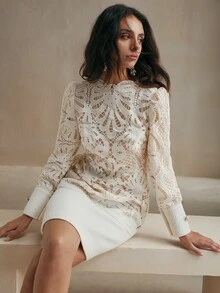 Anewsta 女士春秋优雅纯色蕾丝撞色迷你连衣裙，女士优雅拉链长袖立领常规款式短款白色常规袖纯色修身女式迷你连衣裙，春季/秋季，职业/商务装/工作服 - 白色 - 查看 5