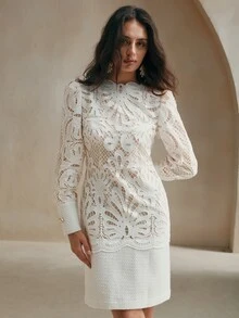 Anewsta 女士春秋优雅纯色蕾丝撞色迷你连衣裙，女士优雅拉链长袖立领常规款式短款白色常规袖纯色修身女式迷你连衣裙，春季/秋季，职业/商务装/工作服 - 白色 - 查看 3
